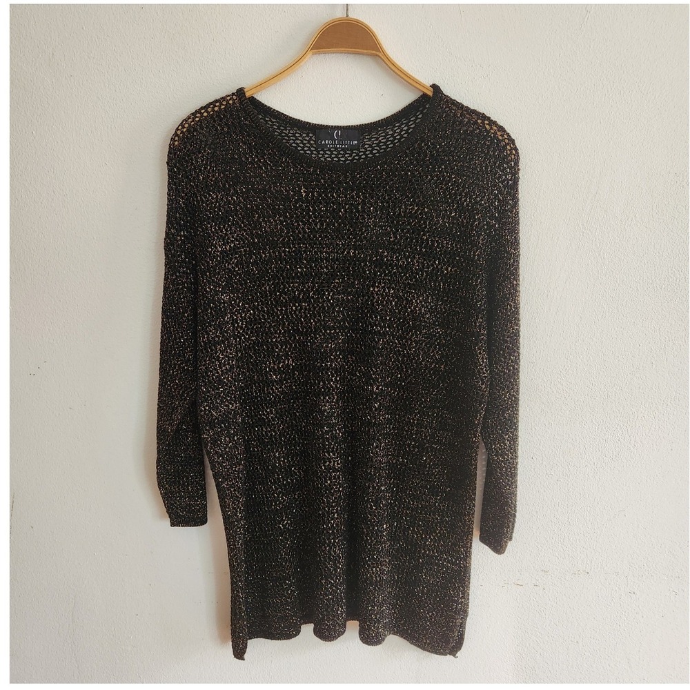Vintage Carole Little Knitwear Slouchy Tunic Sweater Black Gold Metallic Relaxed